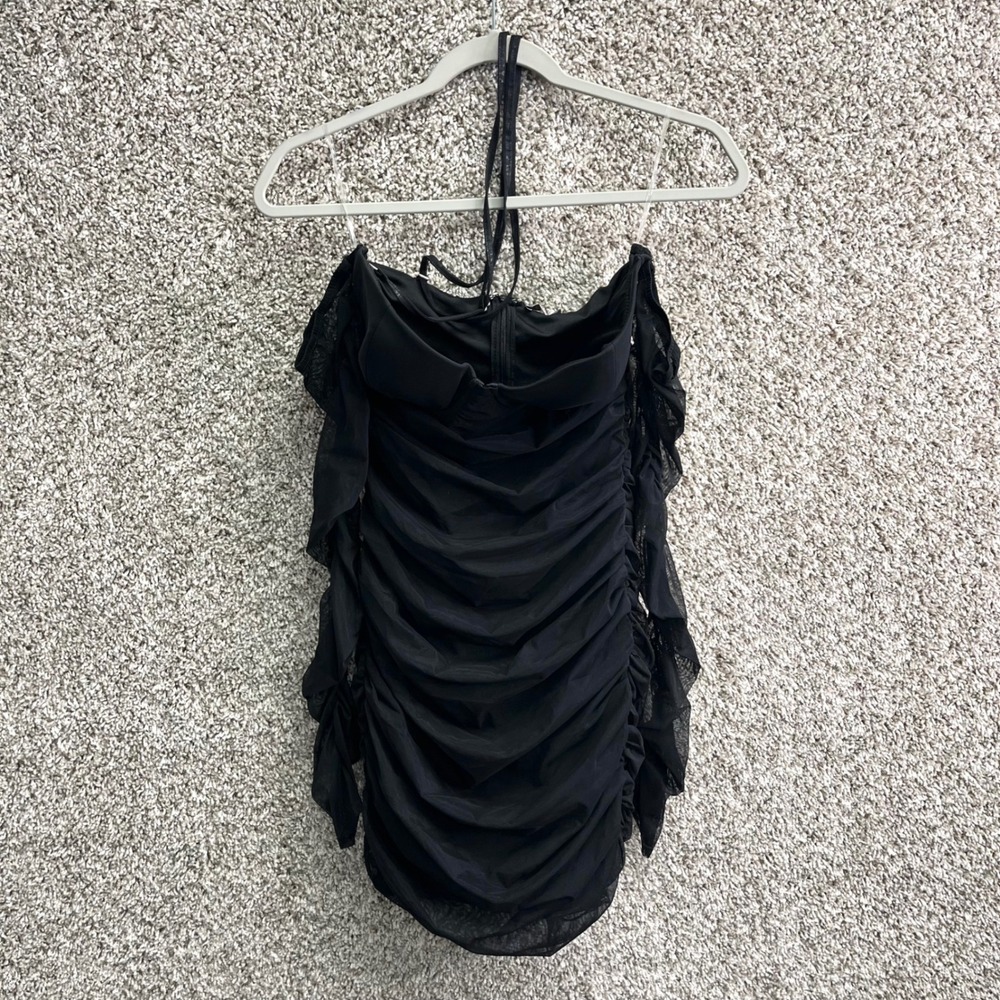 Oh Polly Dress Women's 6 Black Ruched Off-the-Shoulder Long Mesh Sleeve Mini NWT